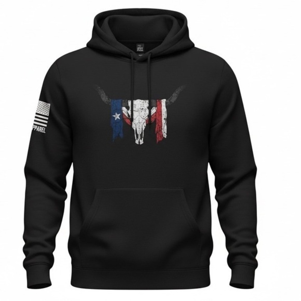 District Hoodie Mens XL Black‎ Good Texas Flag Longhorn Skull Concert Fleece